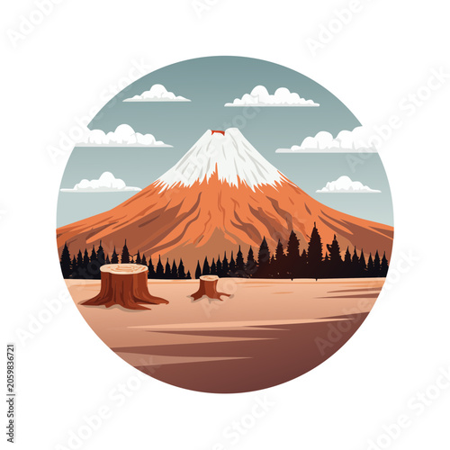 Flat design mountain landscape with volcano and forest