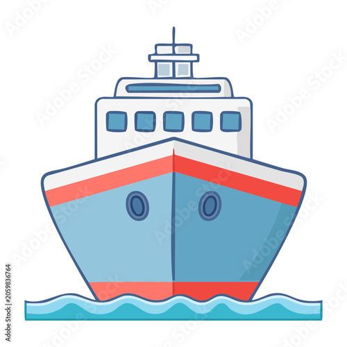 Front view of a blue and red ship illustration