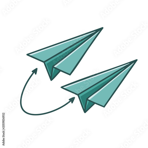 Two teal paper airplanes in circular motion on white background