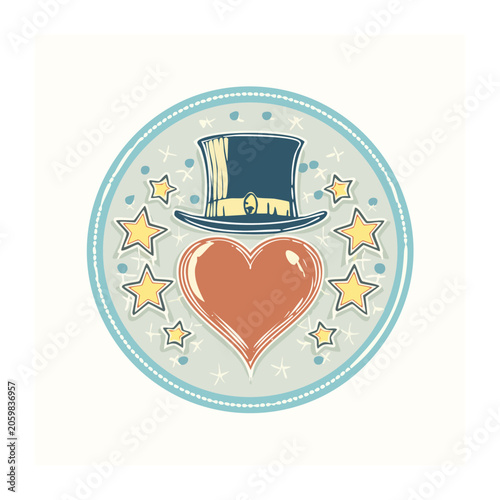 Vintage Top Hat and Heart Illustration with Stars
