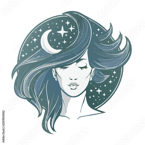 Woman with flowing hair and cosmic elements vector illustration