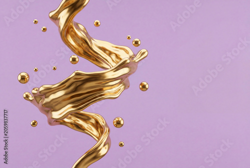 Abstract 3D render of liquid gold swirl with floating metallic spheres on pastel lilac background