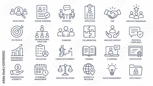Set of simple flat line icons for business technology and digital marketing design