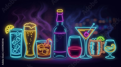 neon bar drinks illustration with bottle and glasses