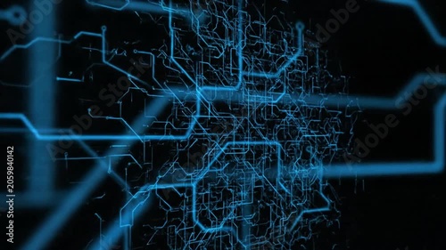 Abstract blue digital network grid growing in dark space