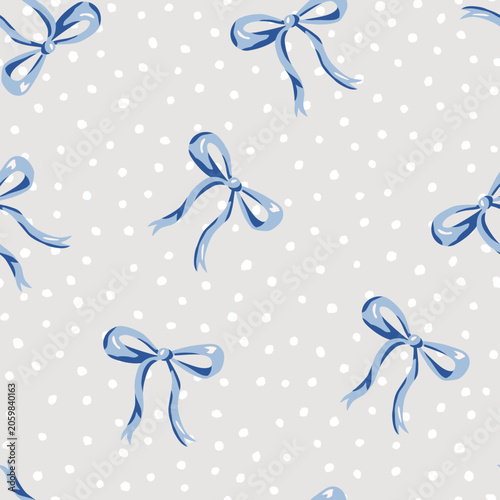 Konstfotografi Christmas seamless pattern, blue bows, snow, gray background