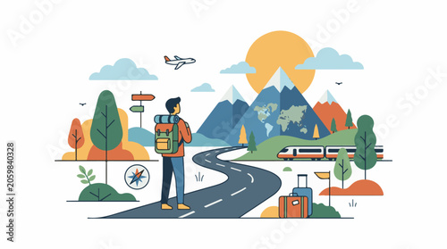 A traveler stands on a winding road with luggage and a backpack looking towards mountains and a train