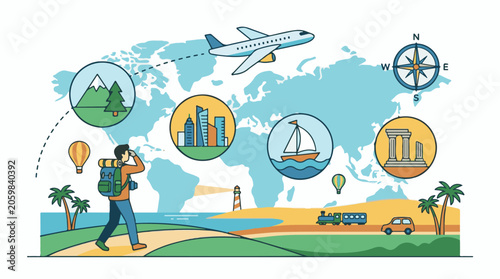 A traveler with a backpack and binoculars looks out at a world map with icons