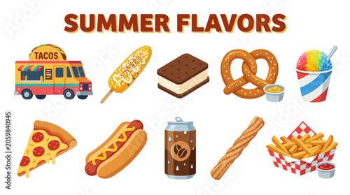 Schilderij op canvas Summer Flavors Collection of Popular Street Food and Drinks