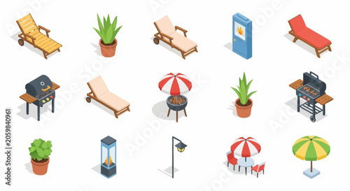 Collection of isometric outdoor furniture and accessories for relaxation and leisure.