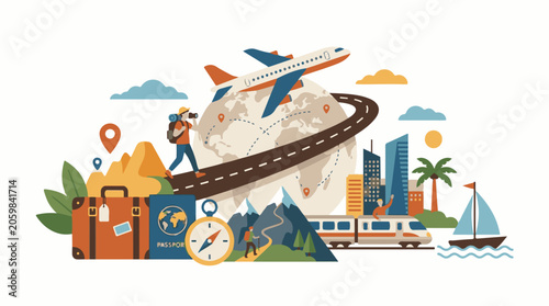 A travel illustration featuring a suitcase, a globe with a road, and various transportation modes