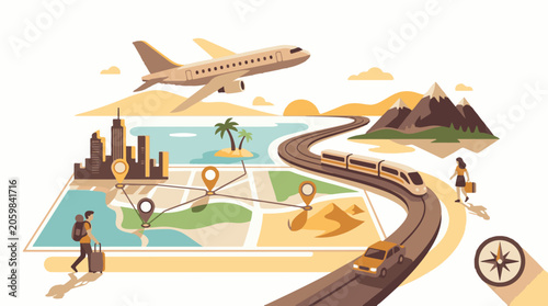 A travel illustration featuring a map, airplane, train, car, and people with luggage