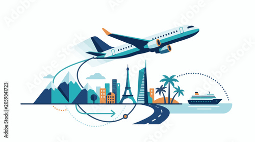 A travel graphic with an airplane flying over various landmarks