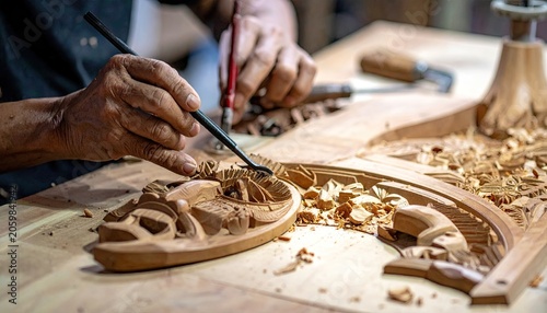 Woodcarver Crafting Detailed Wooden Sculpture in Workshop