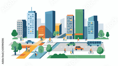 A vibrant cityscape with diverse buildings, people, and vehicles