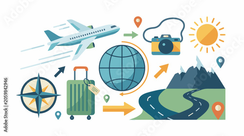 A travel concept with a plane, globe, camera, and luggage