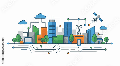 A vibrant cityscape with buildings, trees, and technology