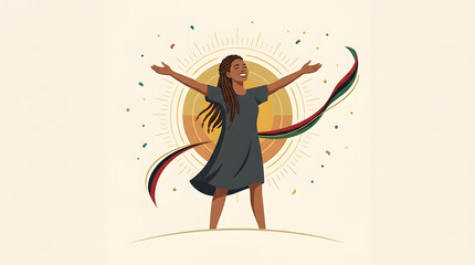 Juneteenth celebration featuring a joyful woman with outstretched arms