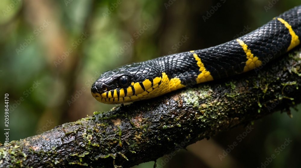 Obraz premium Close-up of a yellow-banded snake on a mossy tree branch in rainforest
