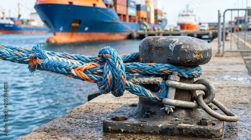 Thick blue and orange mooring rope tied to a rusty metal bollard on a concrete dock. Secure towing line with blurred cargo ship in port background. Maritime shipping logistics