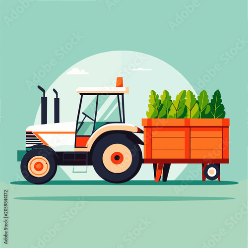 A tractor pulls an orange trailer with green plants