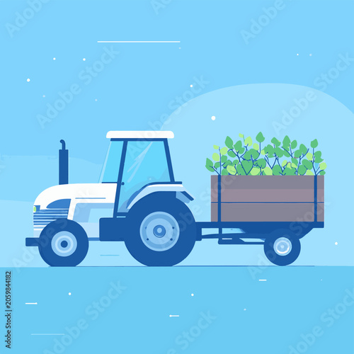 A tractor pulls a wagon filled with lush green plants against a serene blue backdrop