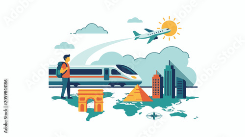 A tourist stands on a world map with iconic landmarks, a train, and an airplane