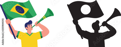 Foto A man in a yellow shirt waves the Brazilian flag and blows a vuvuzela horn