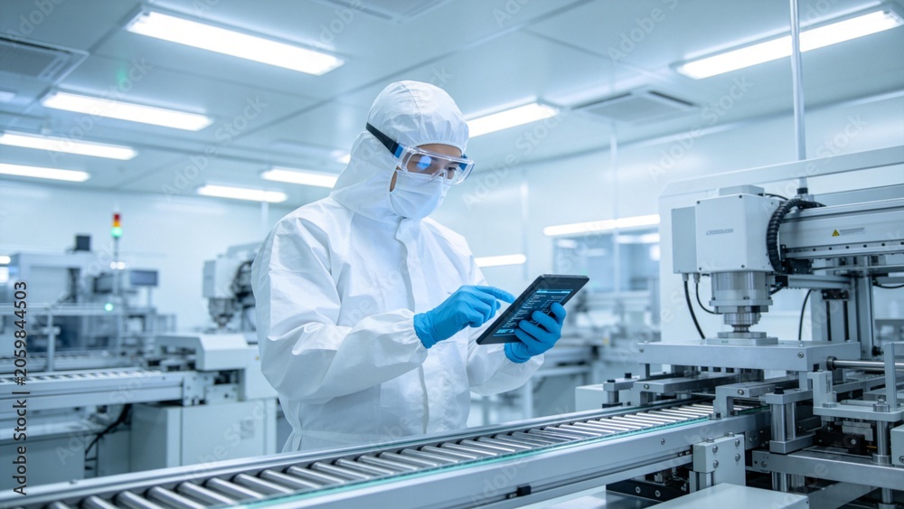 Naklejka premium Person in protective suit working with tablet in factory