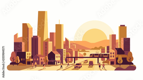 A vibrant cityscape at sunset with buildings, people, and vehicles