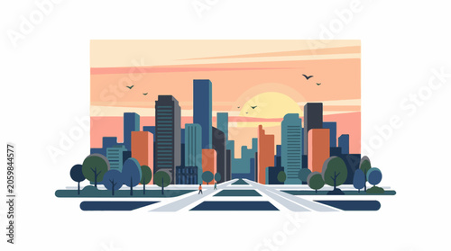 A vibrant cityscape at sunset with a road, trees, and skyscrapers