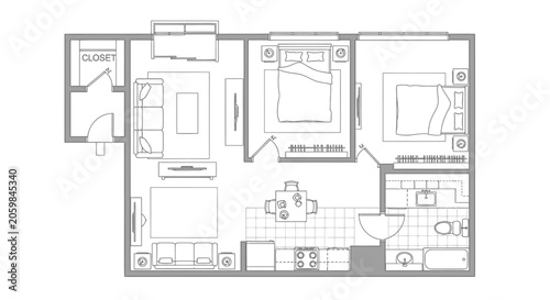 Modern two-bedroom apartment floor plan layout design. Residential condominium blueprint for real estate or interior design projects.