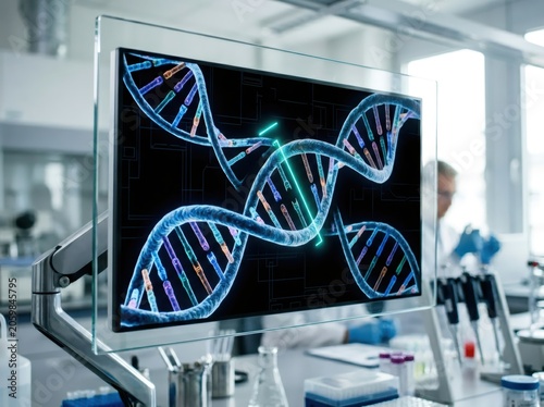 Scientist looking at digital DNA model on transparent screen. Genetic research in laboratory. Biotechnology innovation, molecular biology analysis and innovative medicine development.