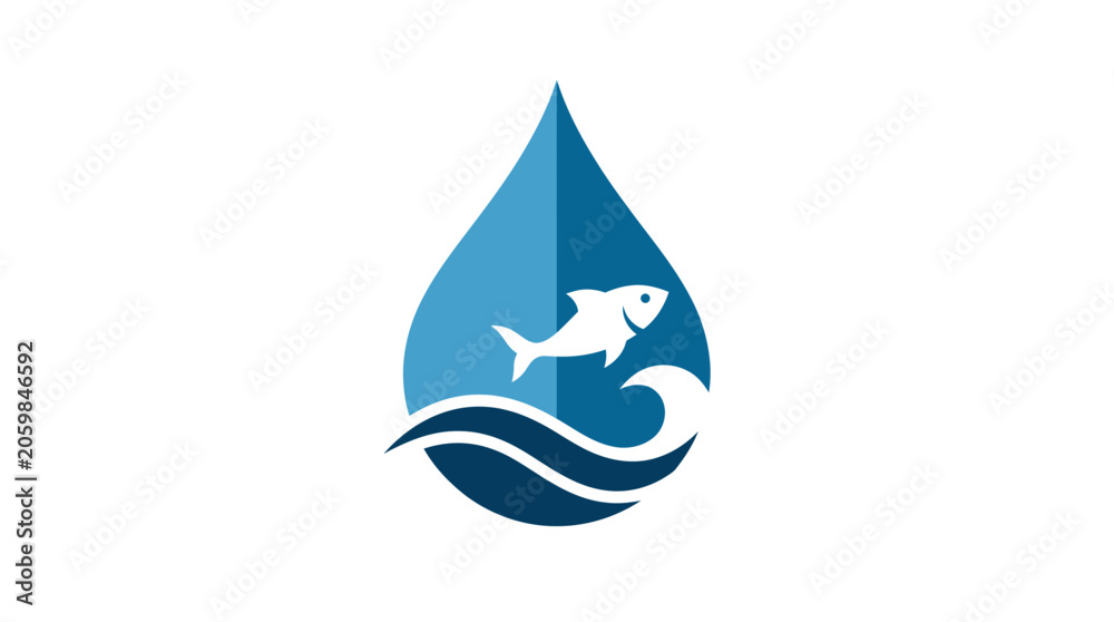 Obraz premium Clean two-tone graphic icon depicting a white fish jumping over dark blue waves within a vibrant blue water drop shape, Symbolizing aquatic ecosystem health and sustainable resource management