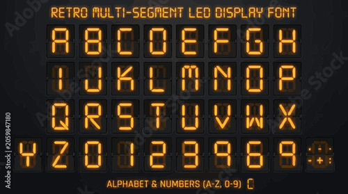 Vibrant orange retro multi-segment LED display font showcasing full alphabet, numbers and symbols, representing digital interface design and vintage technology aesthetics