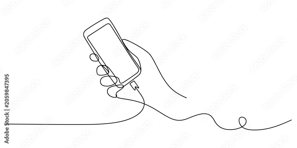 Obraz premium Minimalist line art hand holding smartphone, mobile phone illustration, one line drawing, simple icon, digital graphics
