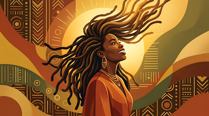 Juneteenth celebration of freedom with a happy woman and ethnic art