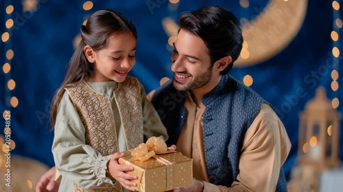 Father and daughter celebrating Eid with gift exchange and festive decorations