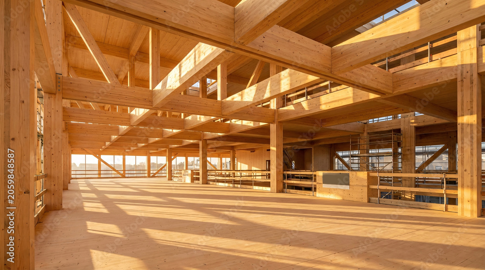 Naklejka premium Interior view of modern mass timber building under construction with exposed wooden beams, columns, scaffolding and sunlight shadows