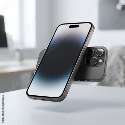 Modern smartphone floating on a desk, sleek design, technology concept