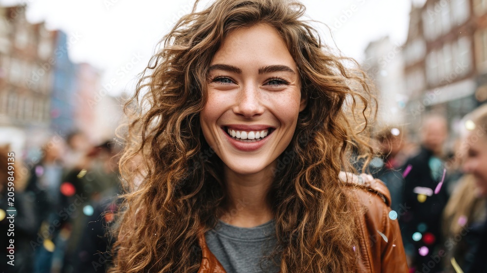 Fototapeta premium Happy woman with curly hair smiles broadly in a bustling city street