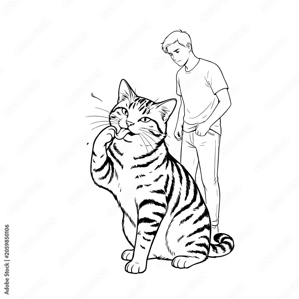 Fototapeta premium A young man observes a tabby cat grooming its paw with a playful expression and a small splash of water