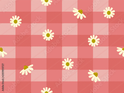 Seamless daisy pattern with spring flowers and yellow blossoms, vector design, red grid background.