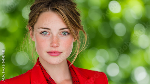 Close-up portrait of a professional young woman with freckles wearing a red jacket against a green natural background, symbol of business confidence and beauty.