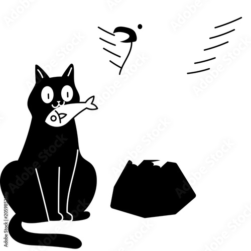 Black Cat and Seagull With Fish Illustration