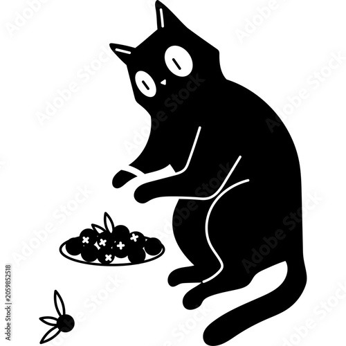 Black Cat Picking Berries Illustration