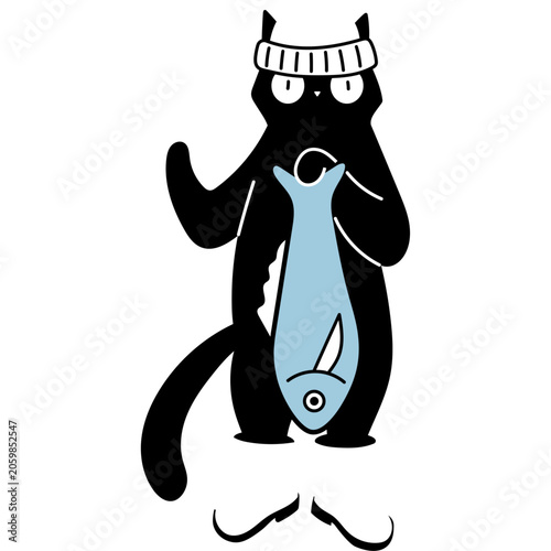 Black Cat Fisher With Fish Illustration