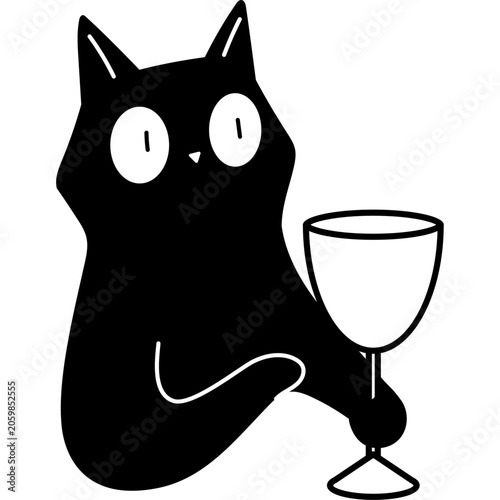 Black Cat Holding Wine Glass Illustration