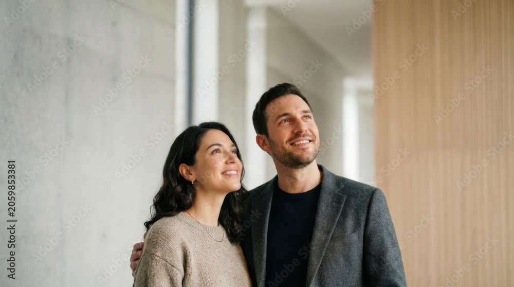 Obraz premium Two people standing together looking upward with optimistic expressions of hope, shared inspiration, breakthrough, and mutual trust for a bright future.