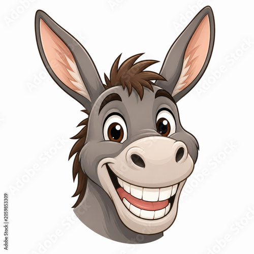 A friendly cartoon donkey head illustration with a big happy smile and gray fur